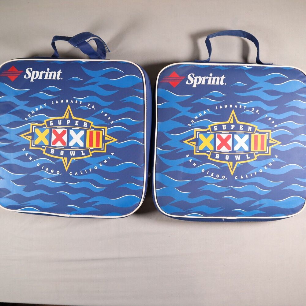 Vintage 1998 Superbowl XXXII 32 Seat Cushion Sprint w/ Zippered Pouch & Handle